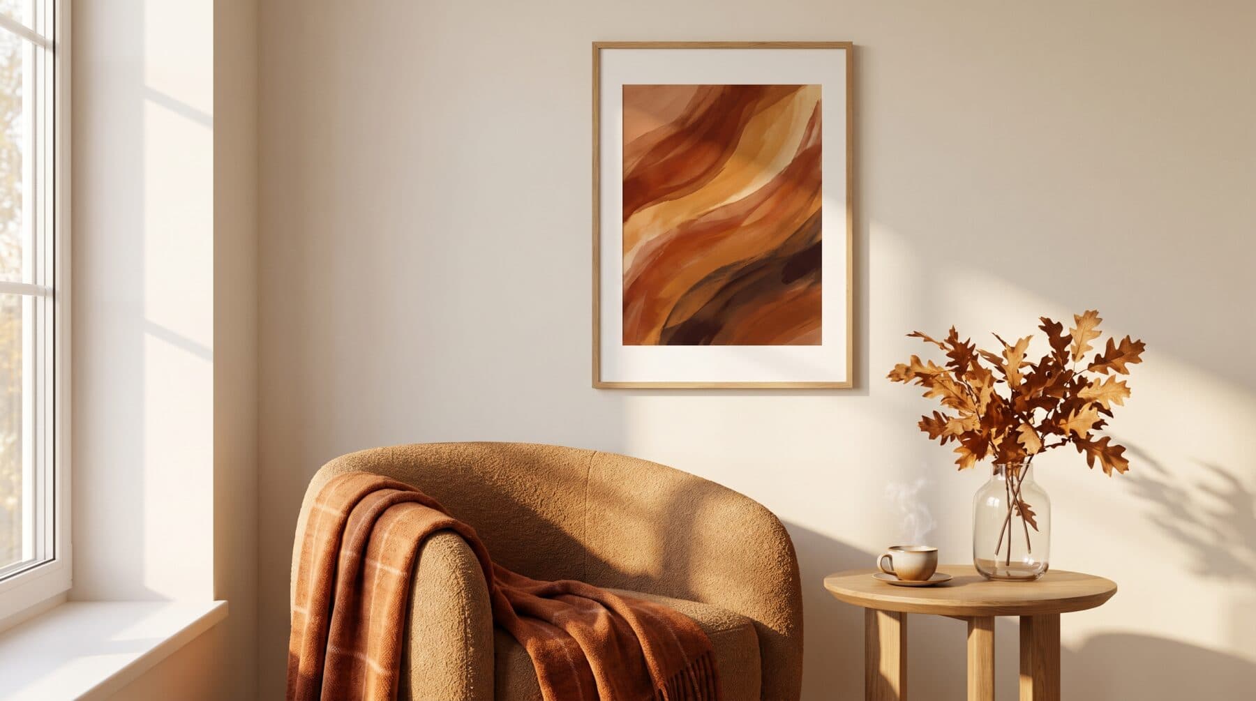 Autumn arrangement with a framed poster above an armchair