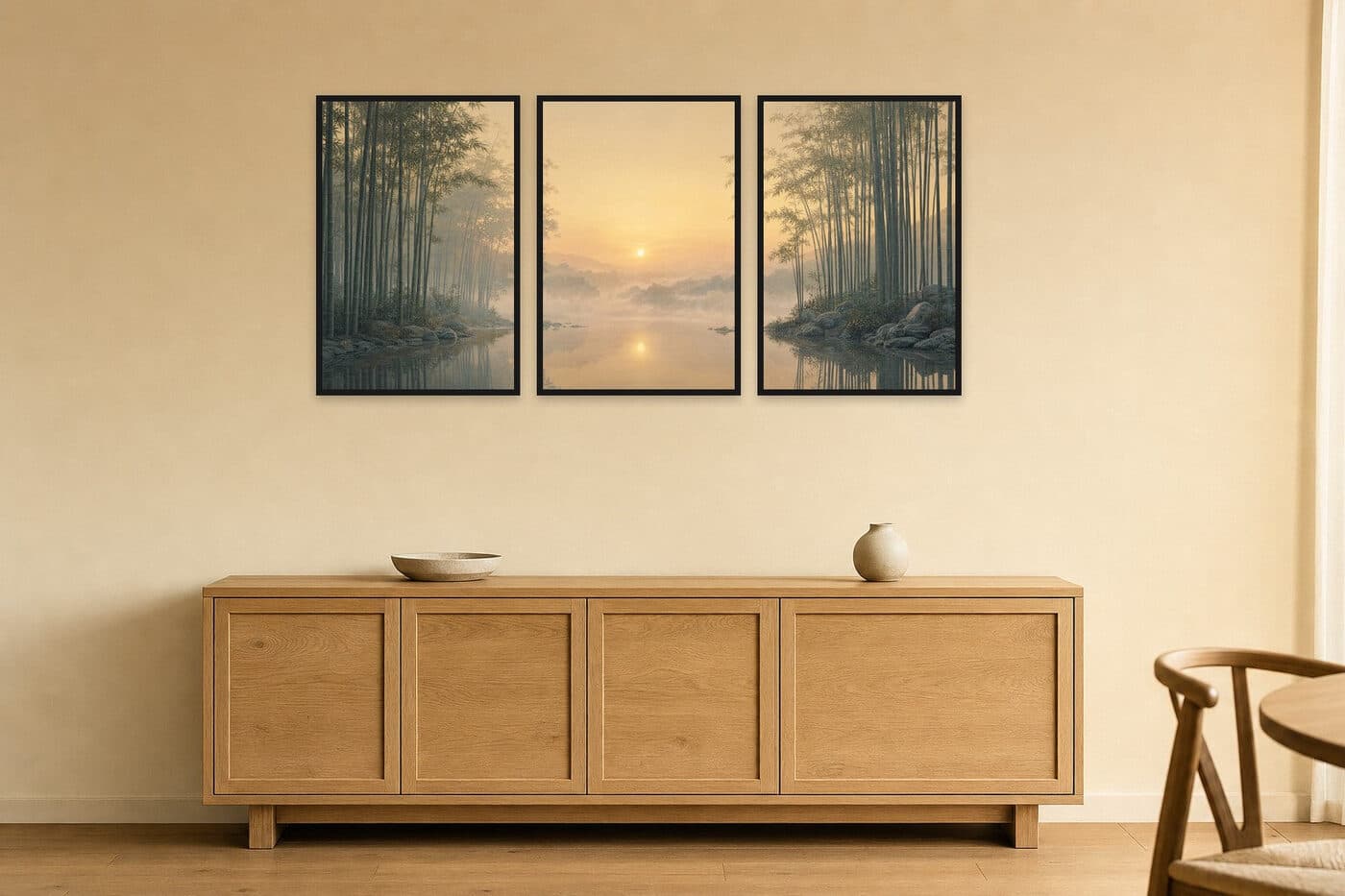 Triptych in black frames above a wooden sideboard in a warm room